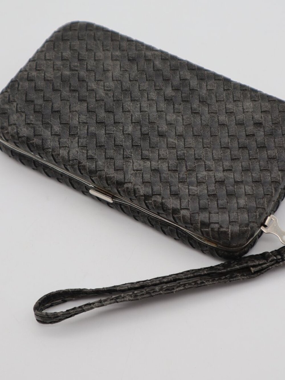 Vtg Woven Black Leather Wristlet Wallet Cigarette Case Clutch Hard Back Boho